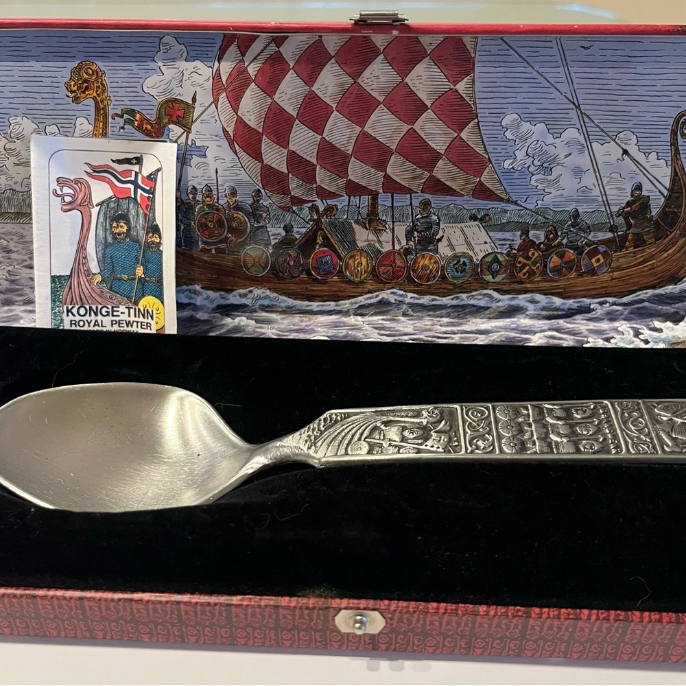 Vintage Pewter Serving Spoon Viking Motif
